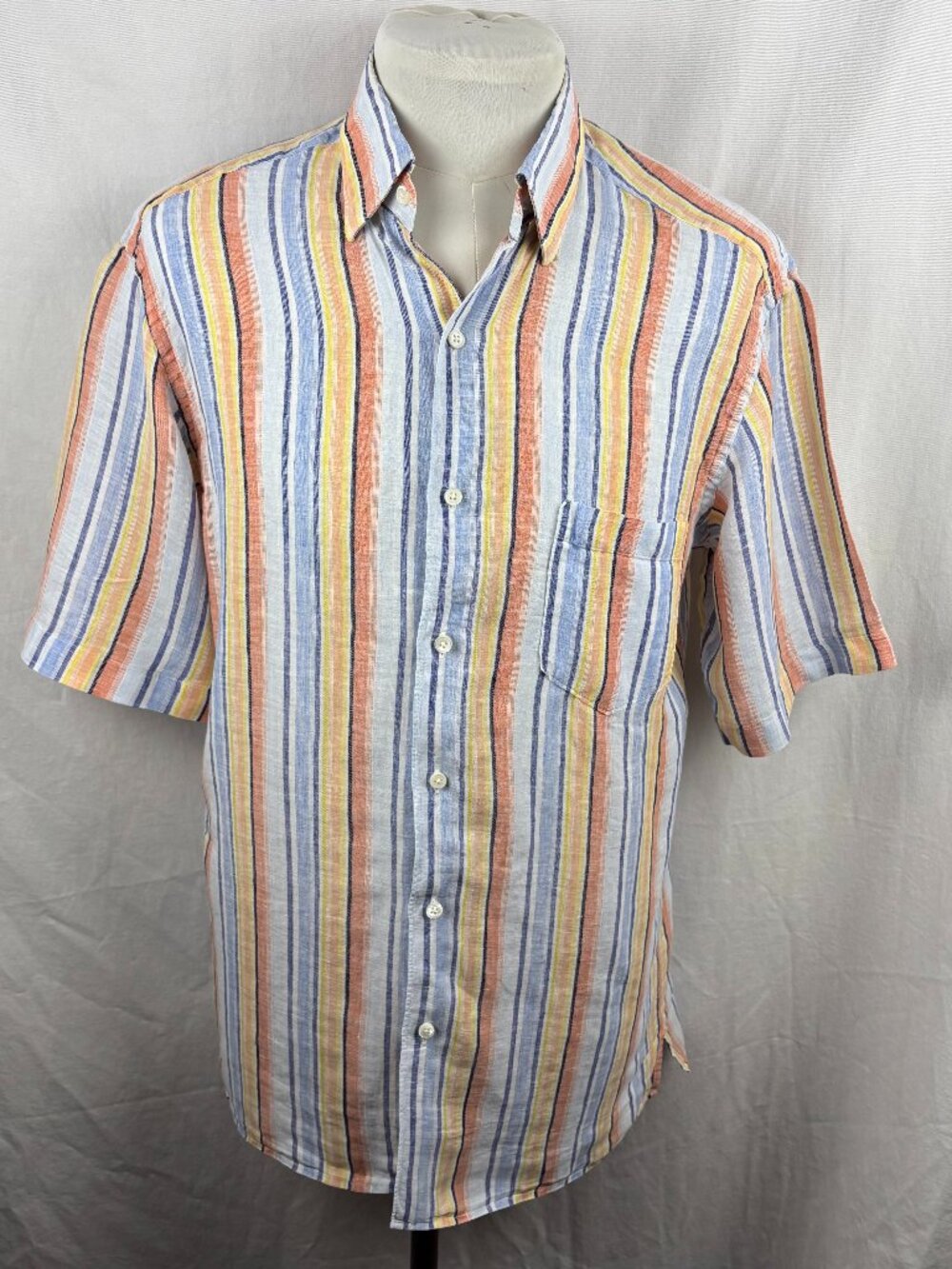 Ermenegildo Zegna 100% Linen Striped Short Sleeve Shirt Multicolor Men's L Italy